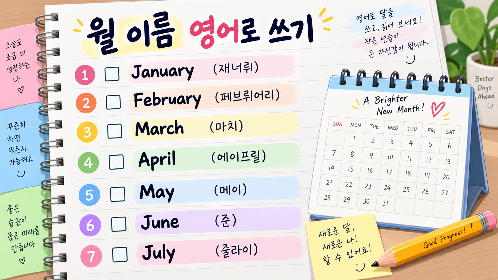 영어 달 이름 철자와 발음을 정리한 학습 노트 정보 카드