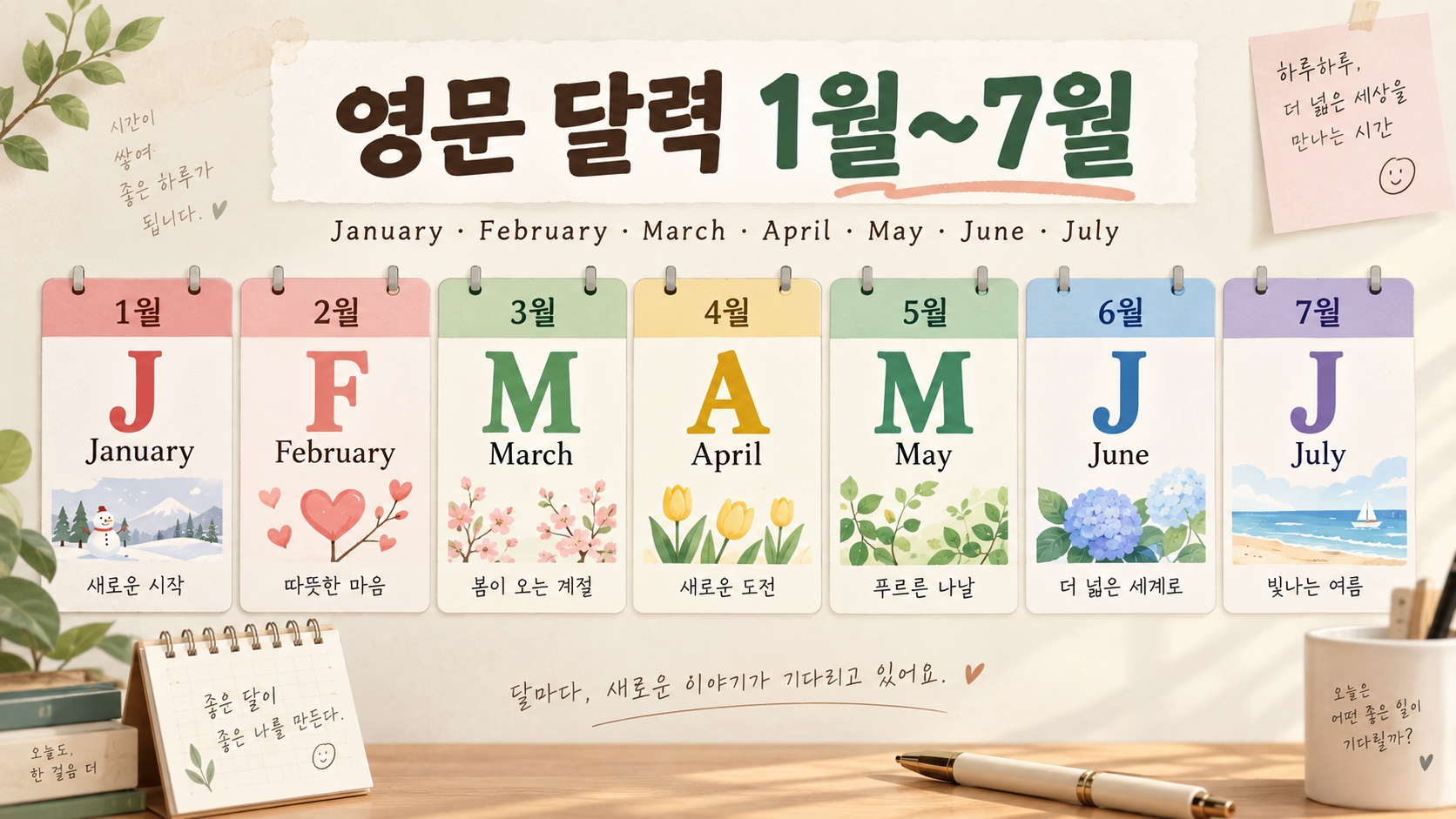 1월부터 7월까지 영어 달 이름을 보여 주는 영문 달력 정보 카드