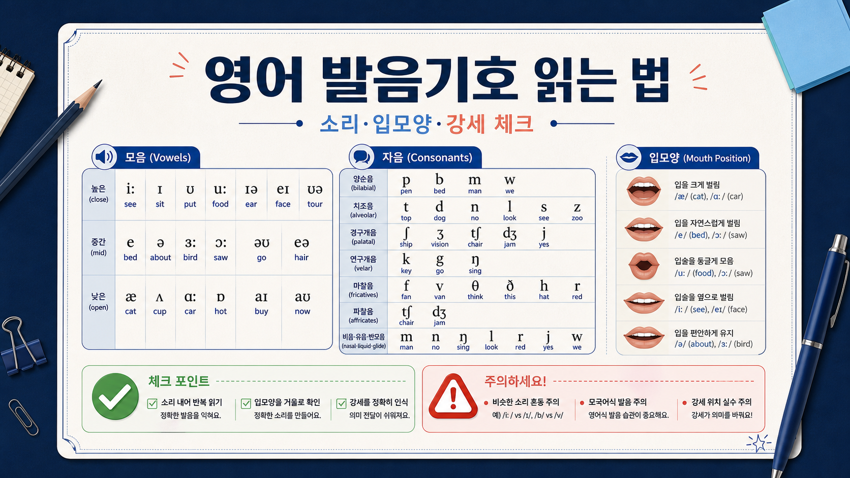 영어 발음기호 읽는 법과 소리 입모양 강세 체크를 안내하는 정보 카드