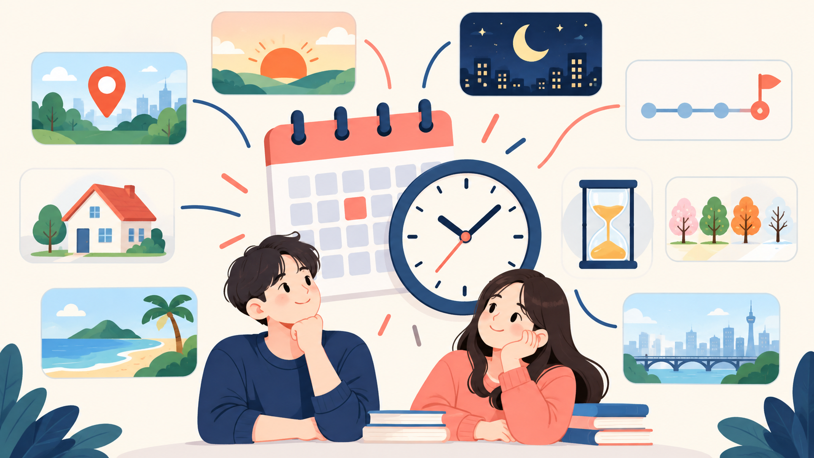 달력과 시계, 지도 핀으로 영어 전치사의 시간과 장소 개념을 보여 주는 정보 카드
