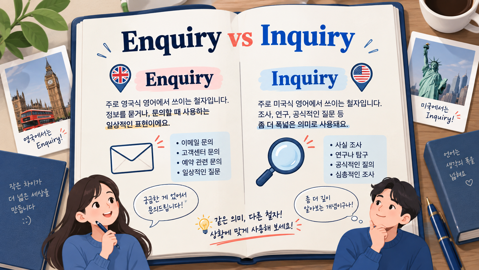 Enquiry와 Inquiry 차이를 비교한 한국형 영어 학습 정보카드