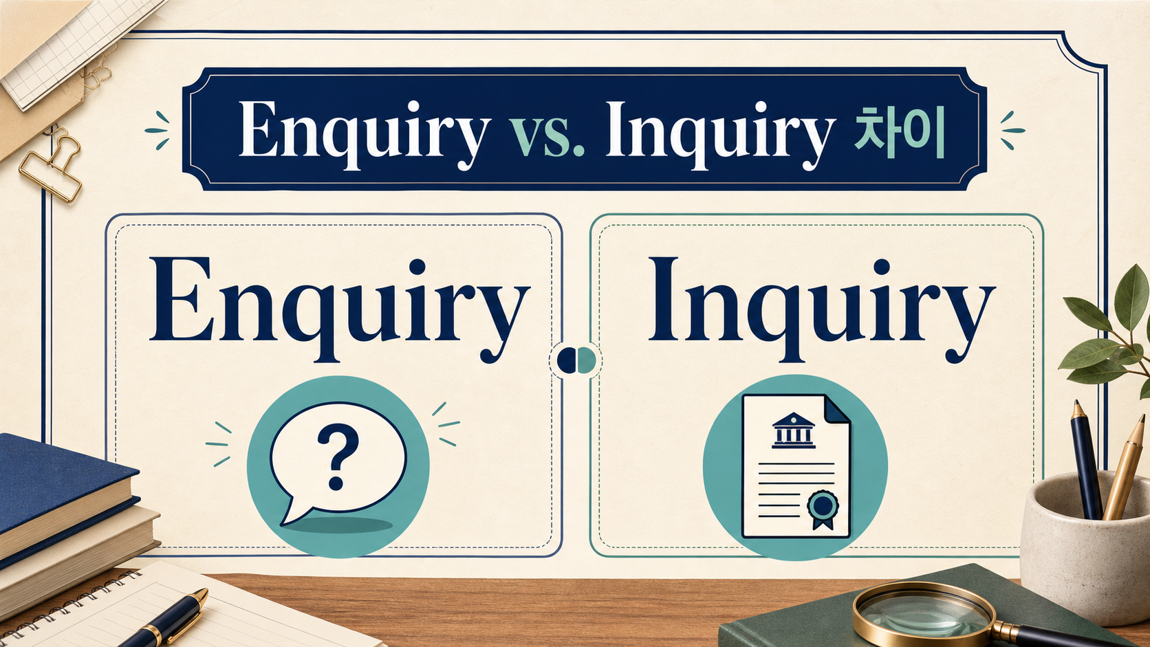 Enquiry와 inquiry의 차이를 소개하는 정보카드