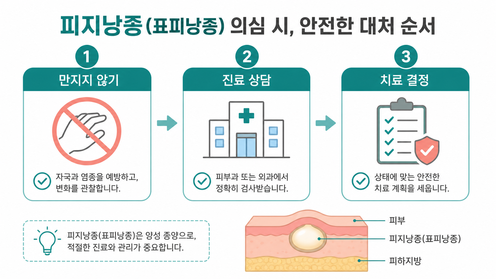 피지낭종이 의심될 때 만지지 않고 진료 상담 후 치료를 결정하는 순서 정보카드