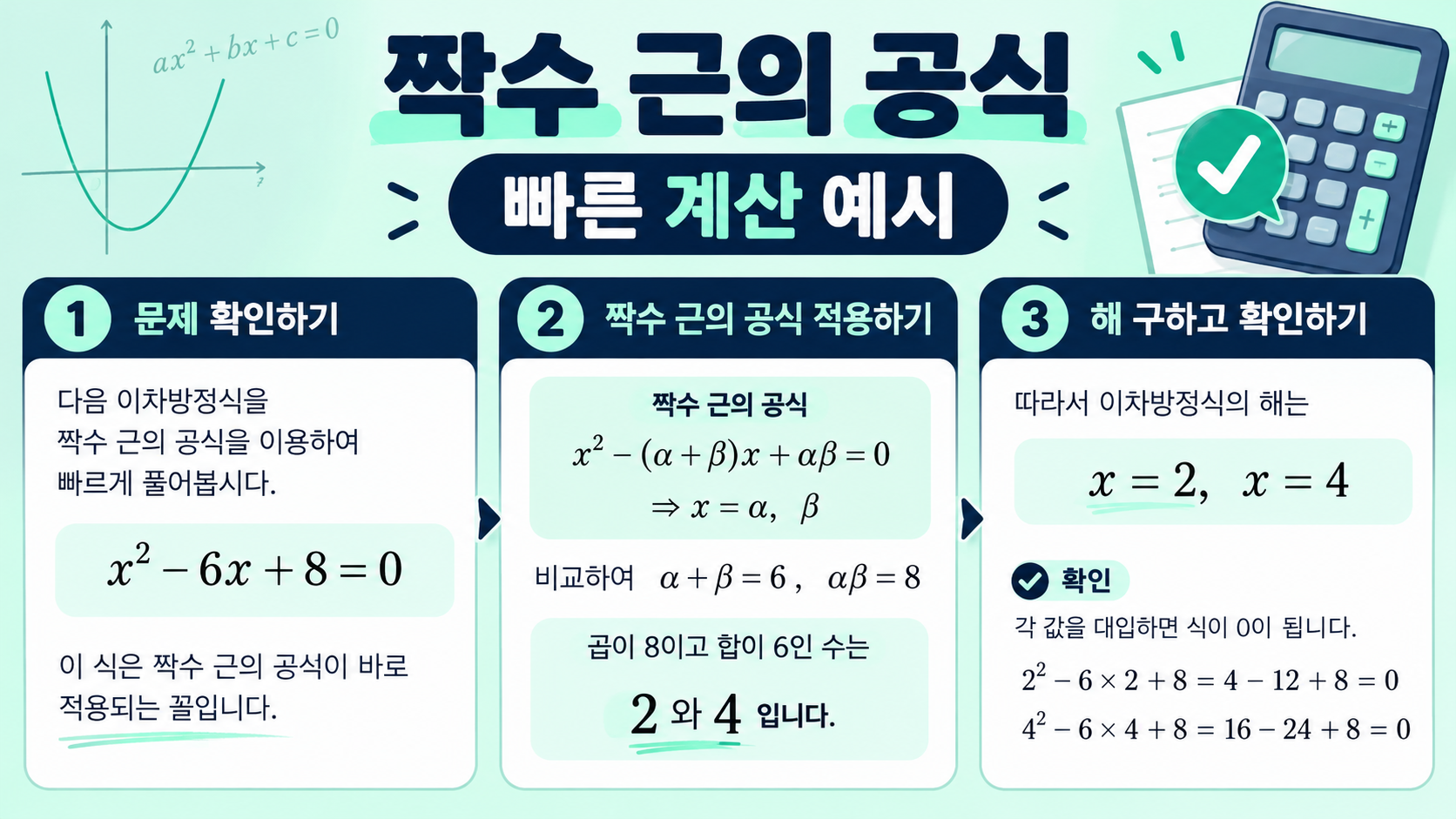 짝수 근의 공식을 적용하는 빠른 계산 예시 정보카드