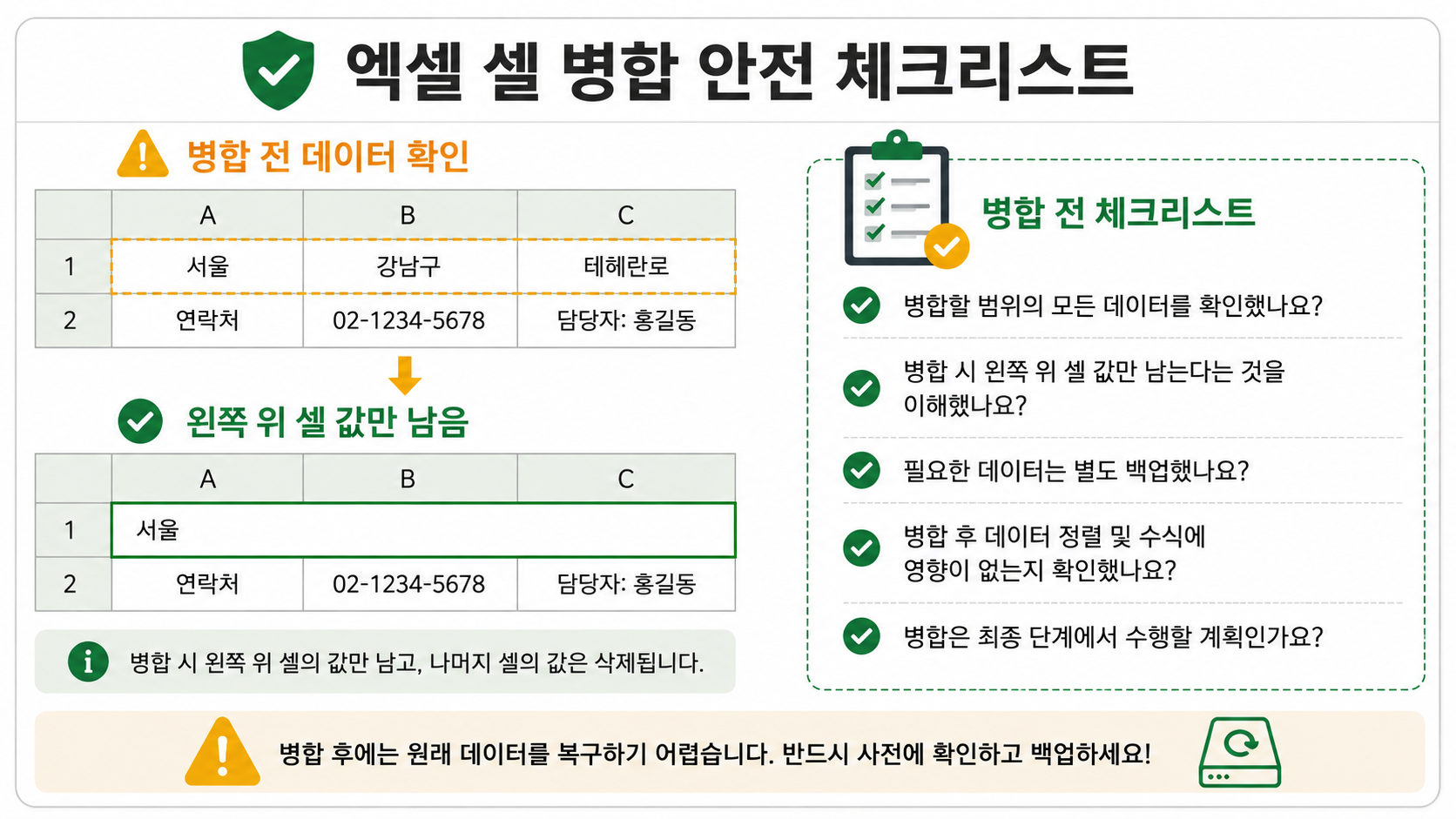 엑셀 셀 병합 전 데이터 확인 체크리스트 정보카드