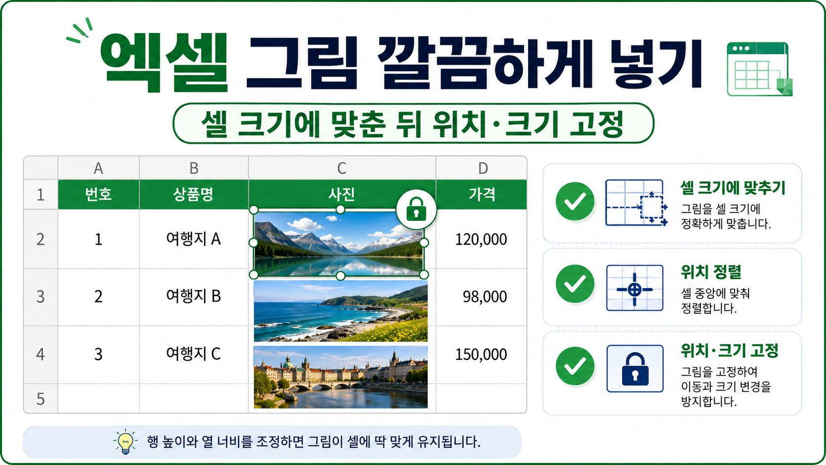 엑셀 그림을 표 셀에 맞춰 넣고 위치와 크기를 고정하는 정보카드