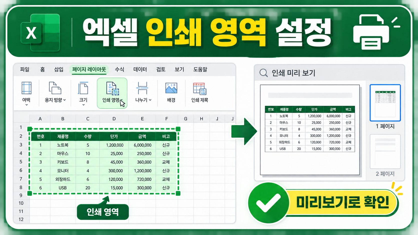 엑셀 인쇄 영역 설정과 미리보기 확인 정보카드