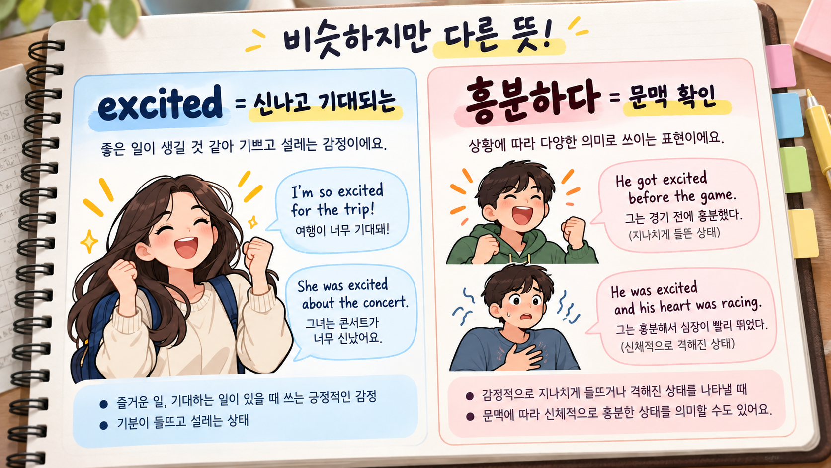 excited와 흥분하다의 문맥 차이를 설명하는 한국어 정보카드