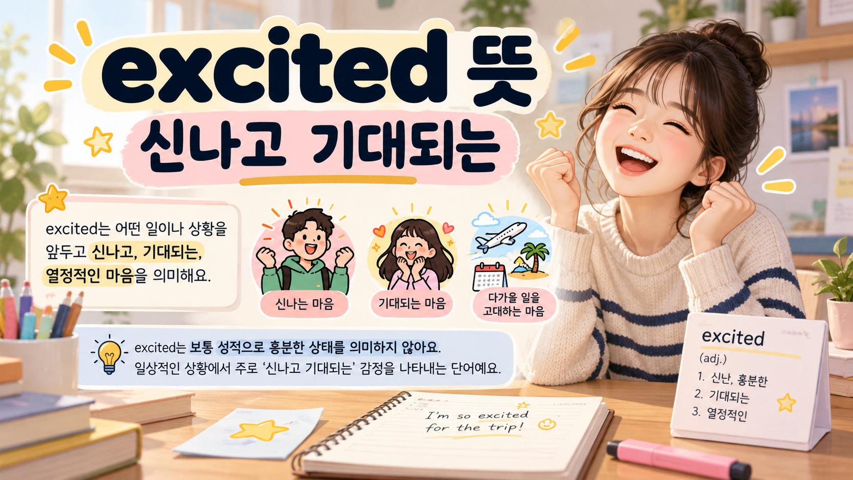 excited 뜻을 설명하는 한국어 정보카드