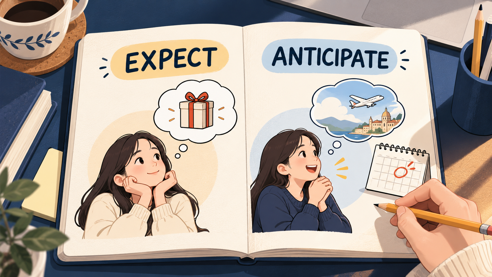 expect와 anticipate를 비교한 영어 학습 노트 정보카드