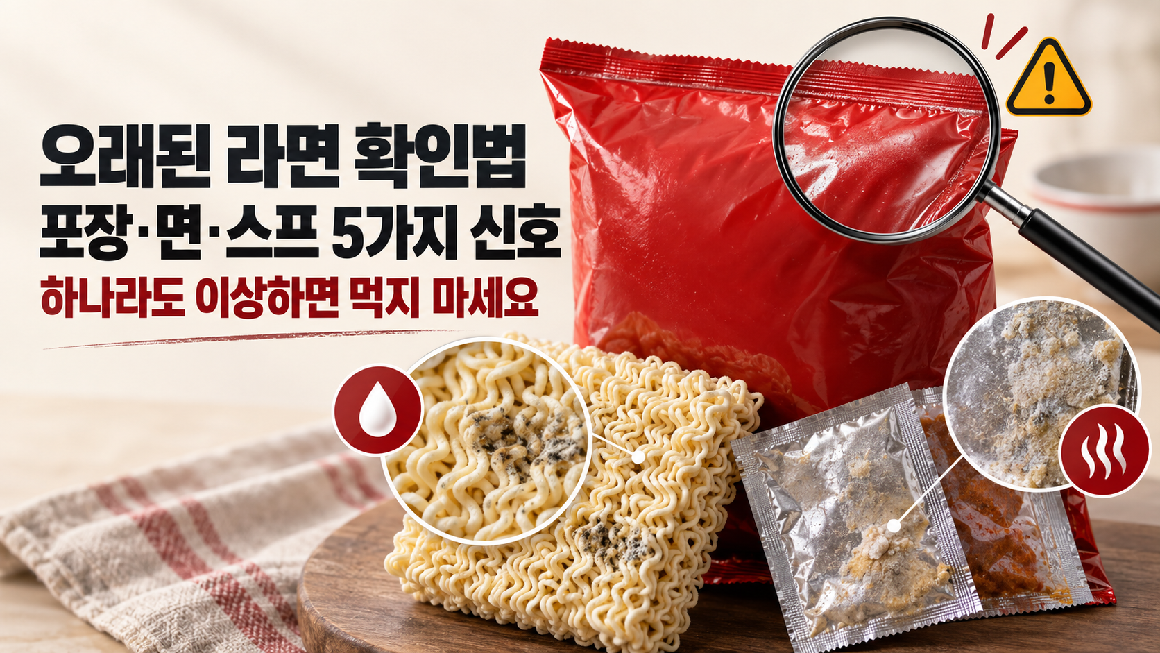 오래된 라면의 포장과 외관을 확인하는 한국어 점검 카드