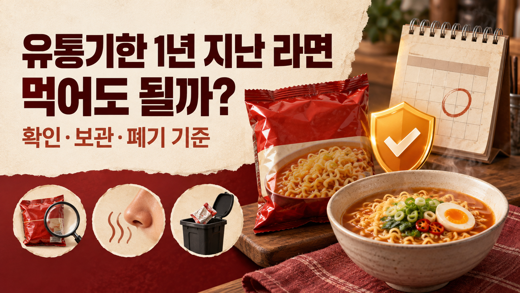 유통기한 1년 지난 라면의 확인과 폐기 기준을 담은 한국어 정보카드