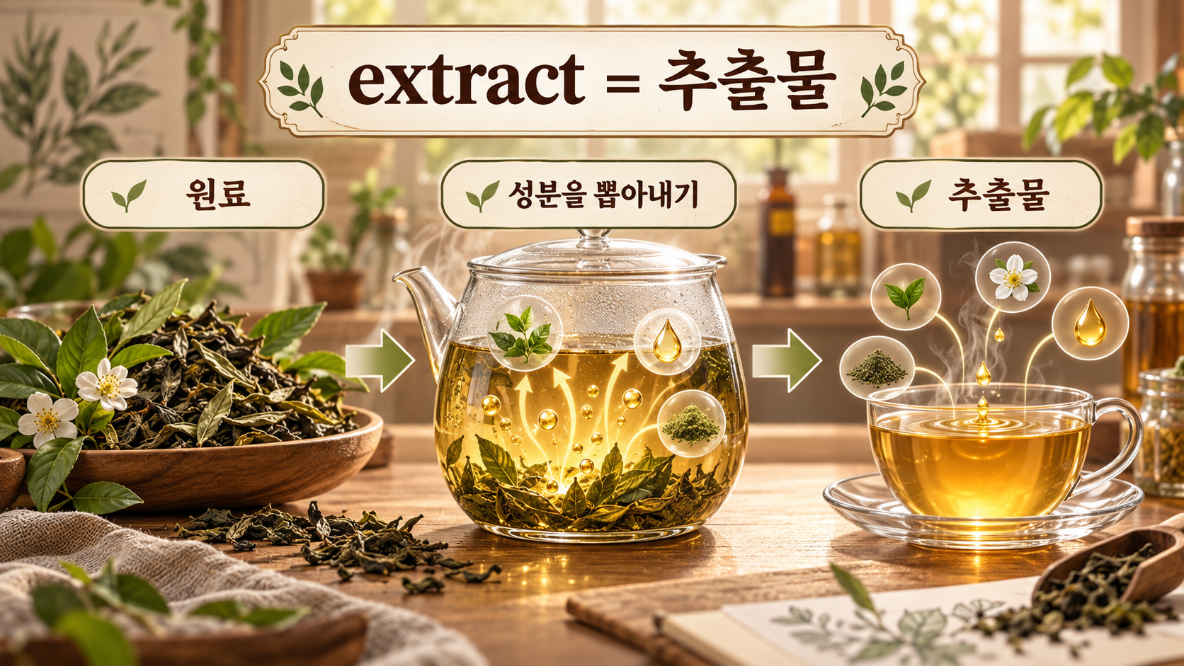 찻잎 성분이 우러나오는 extract 의미 정보카드