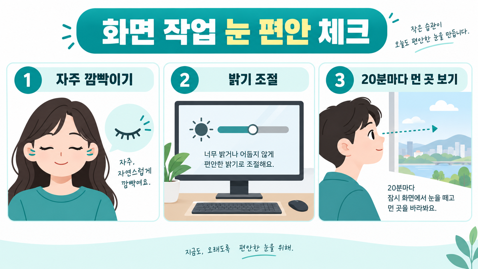 자주 깜빡이기 밝기 조절 20분마다 먼 곳 보기의 화면 작업 체크 카드