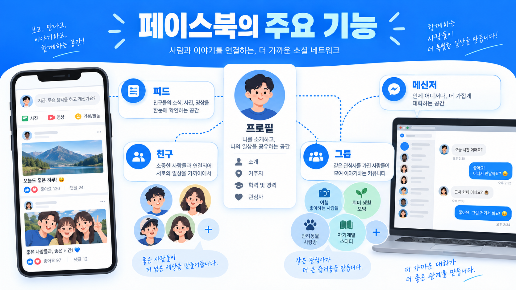 소셜 네트워크의 피드와 프로필과 그룹 기능 정보카드