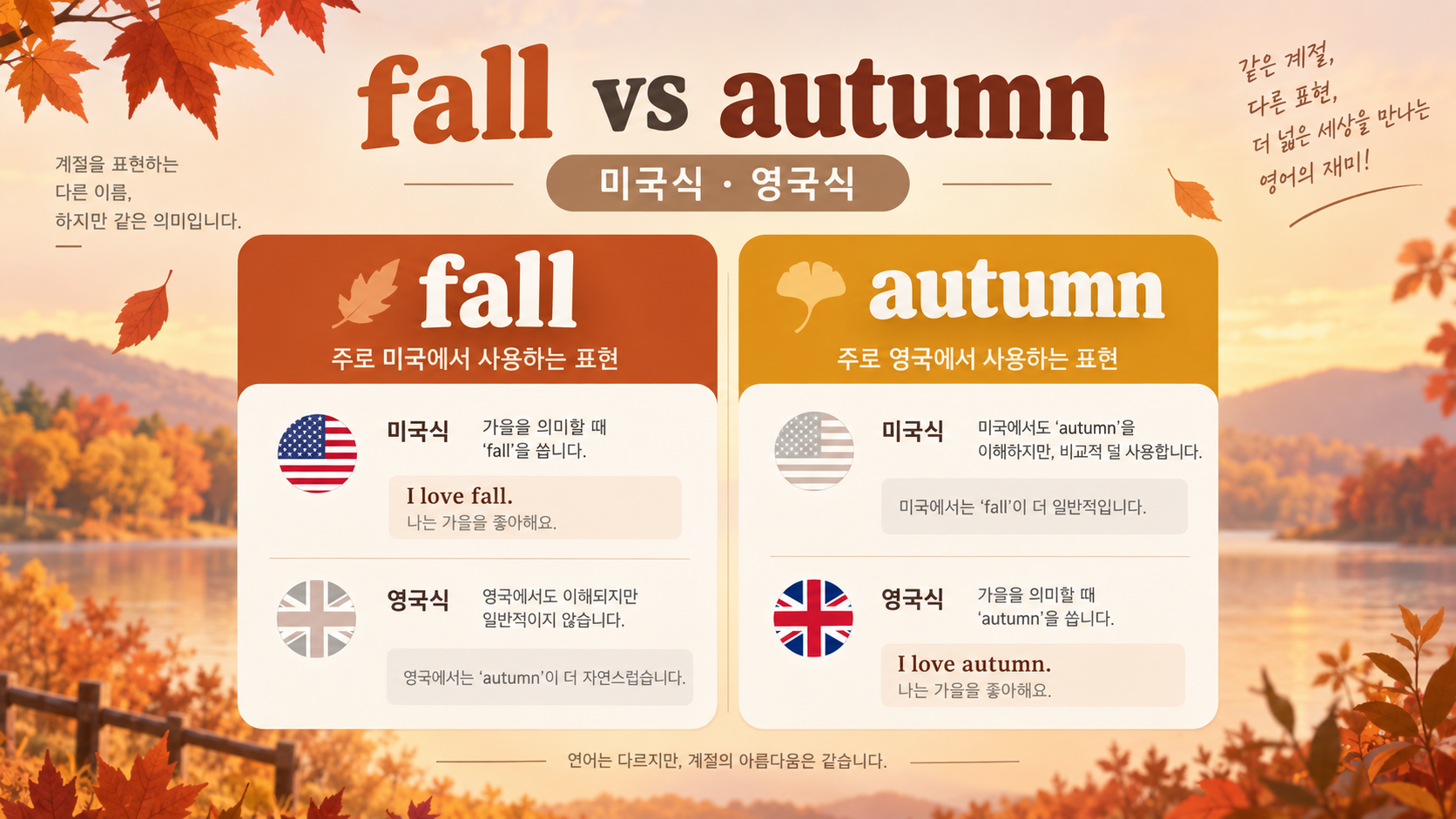 fall과 autumn의 미국식과 영국식 사용 차이를 비교한 한국어 정보카드