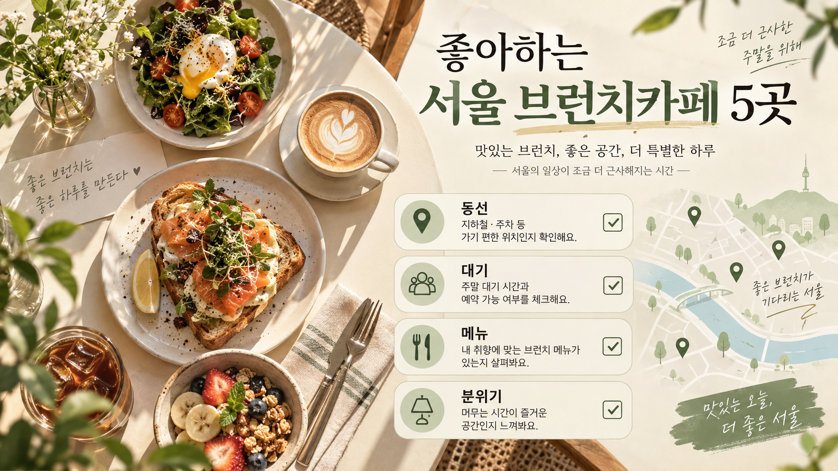 서울 브런치카페 선택 체크리스트와 브런치 테이블 정보카드