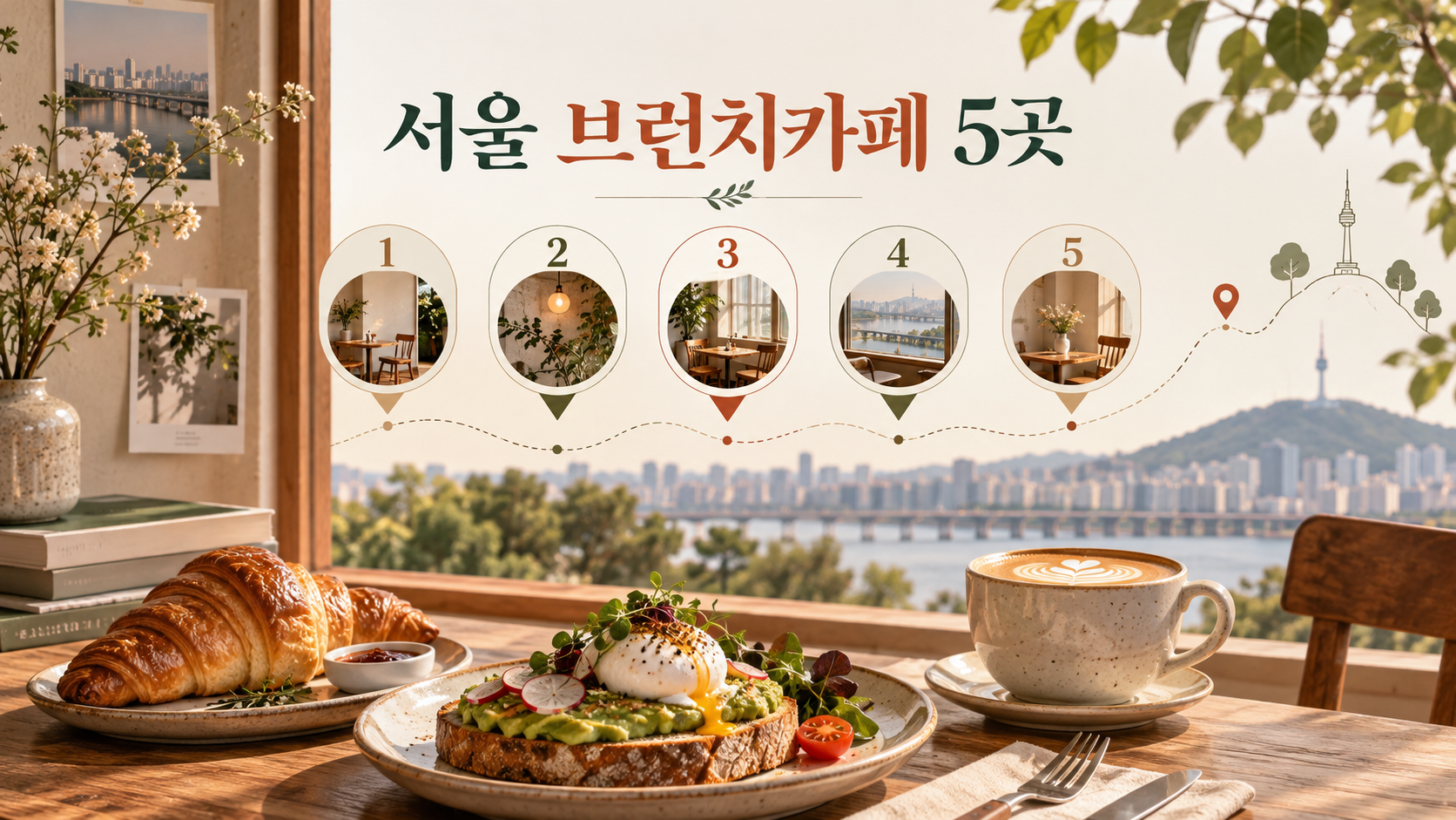 서울 브런치카페 다섯 곳을 소개하는 브런치와 서울 풍경 정보카드