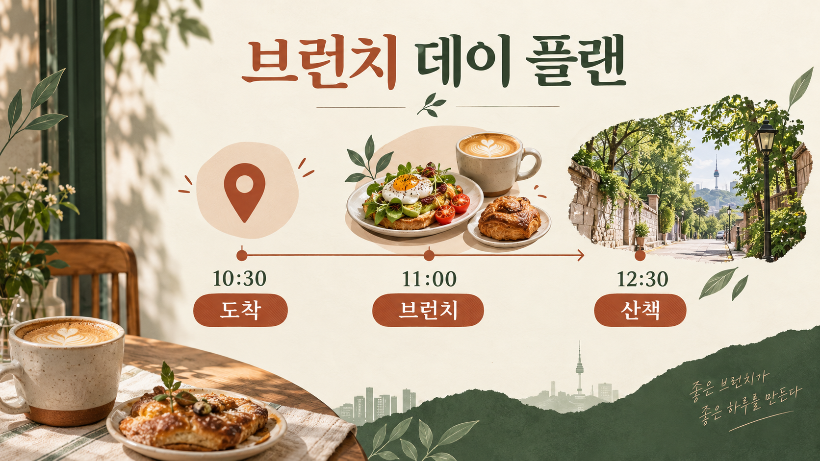 도착과 브런치, 산책 순서를 보여주는 서울 브런치 데이 플랜 정보카드