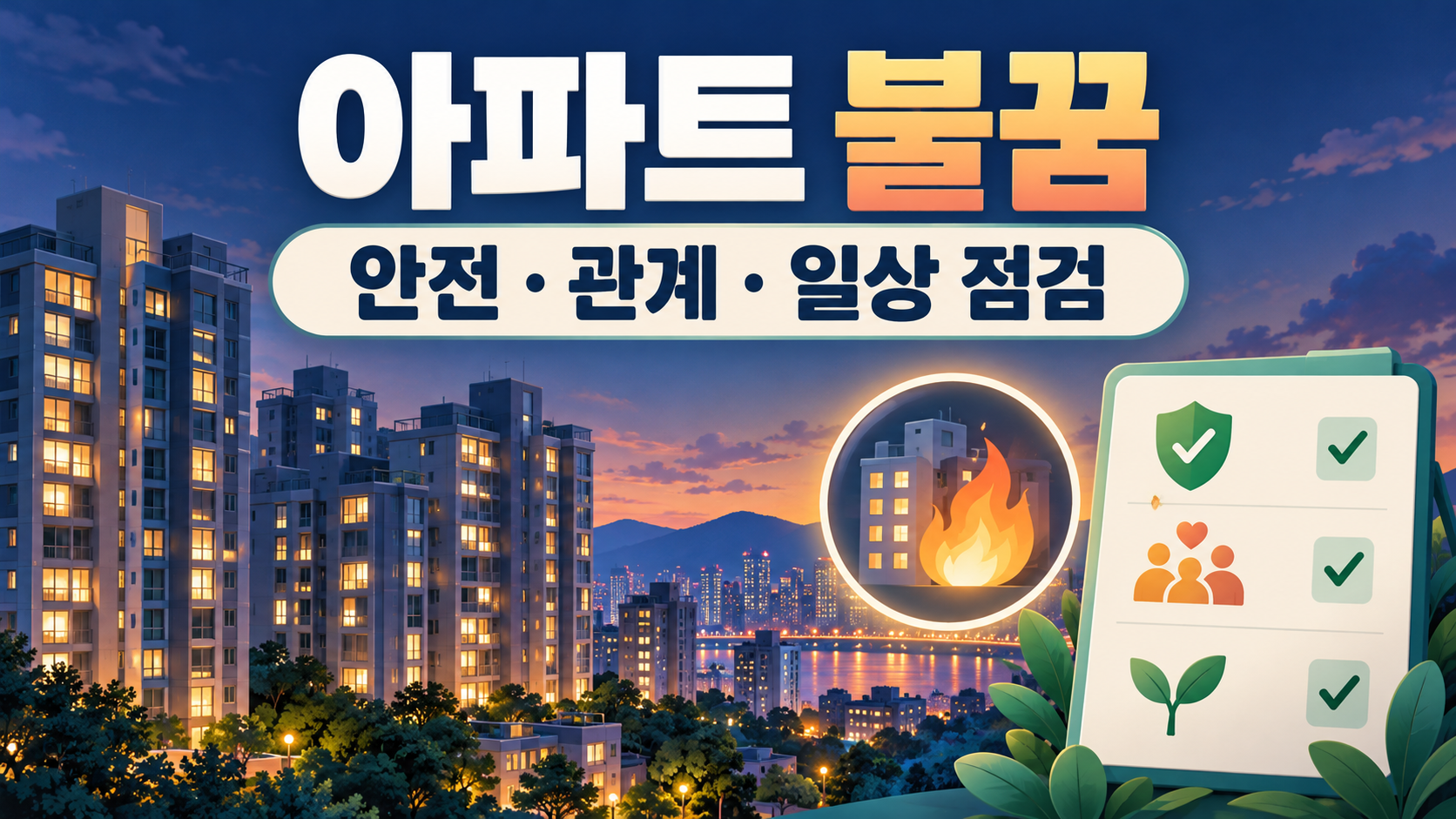 아파트 풍경 위 불꽃 꿈 상징과 변화·주의 아이콘을 담은 정보카드