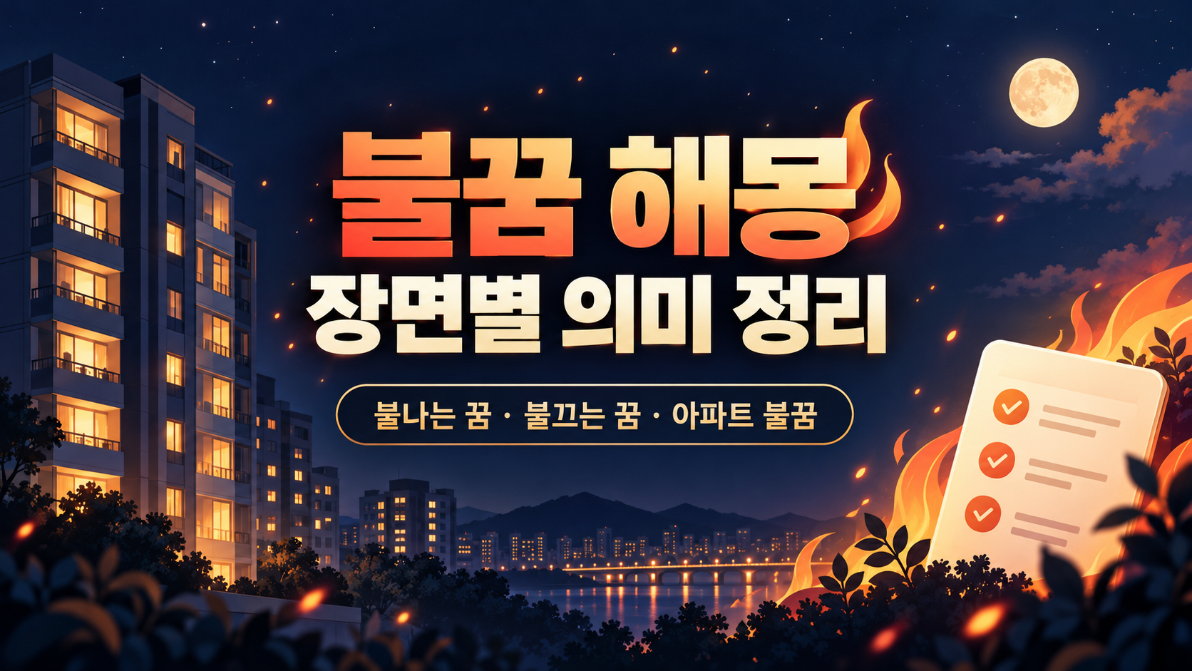 불꽃과 물방울, 집 상징으로 구성한 불꿈 해몽 정보카드