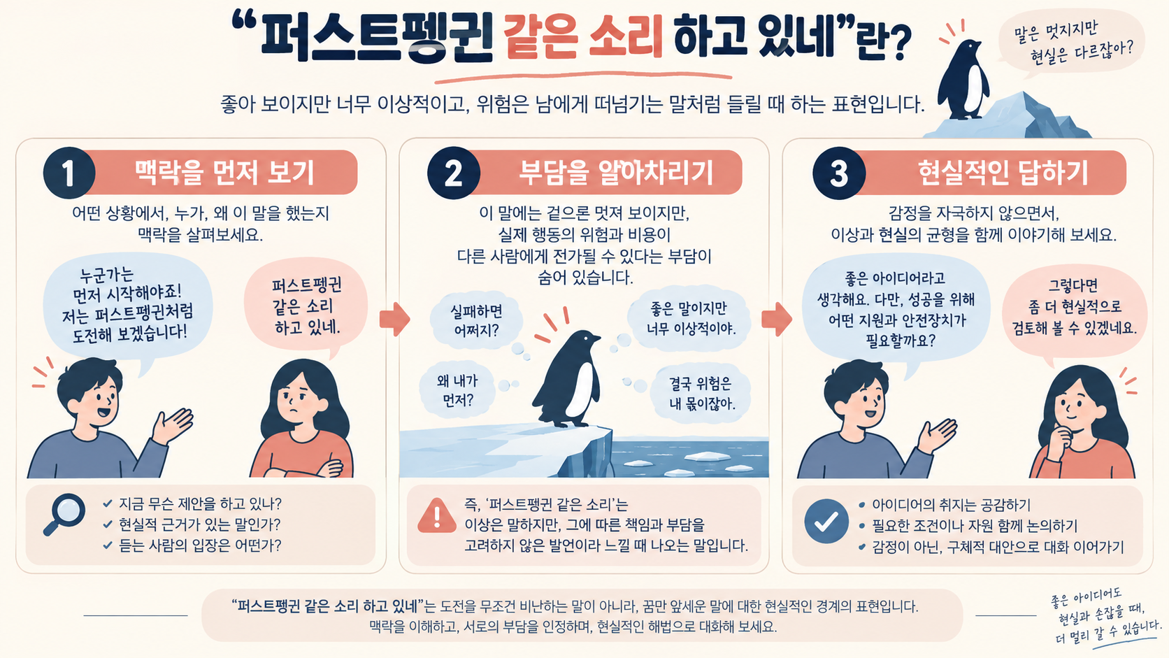 퍼스트펭귄 같은 소리라는 표현의 대화 맥락을 설명하는 한국어 정보 카드