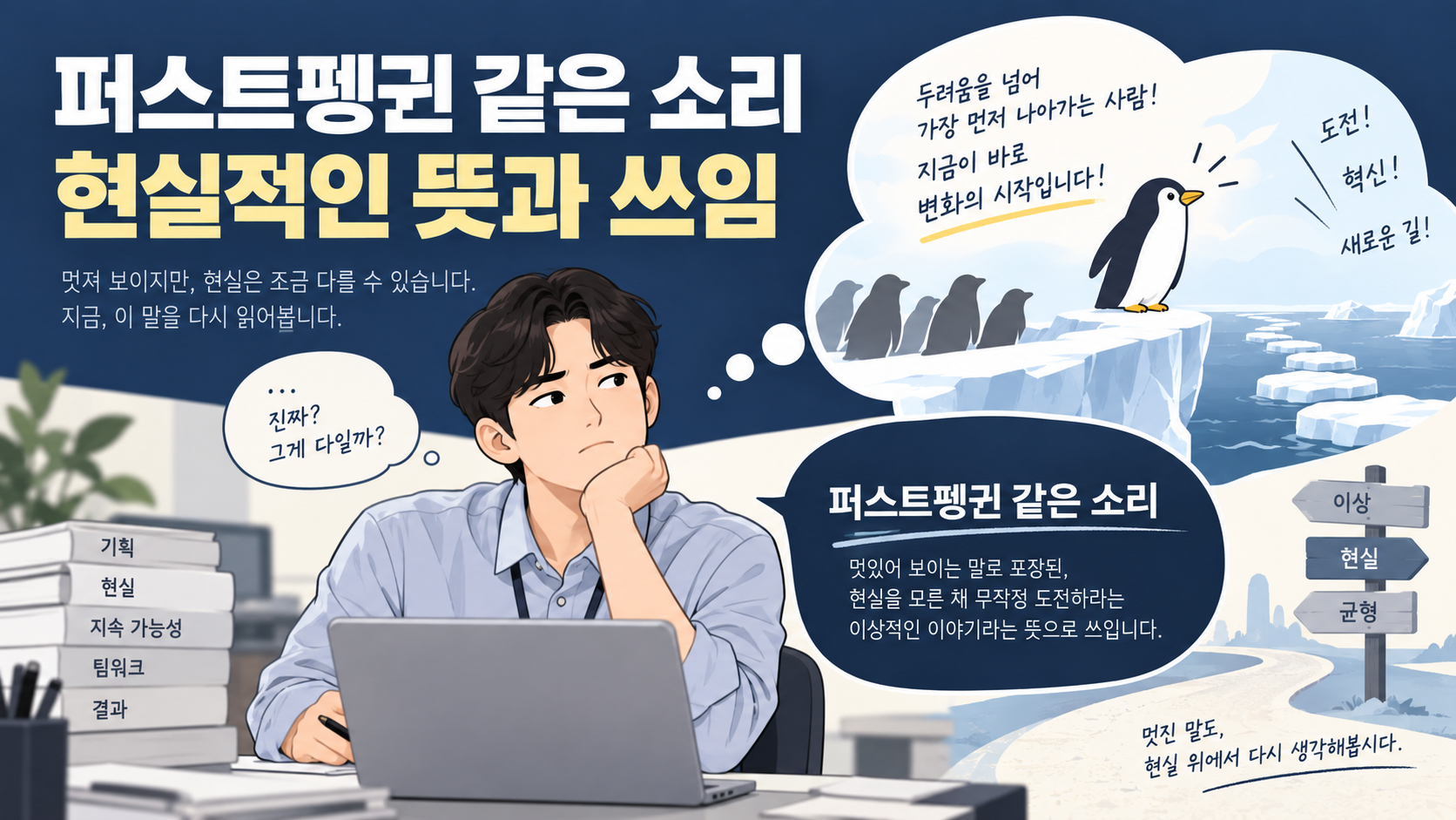 퍼스트펭귄 같은 소리의 현실적 뜻과 쓰임을 설명하는 한국어 정보 카드