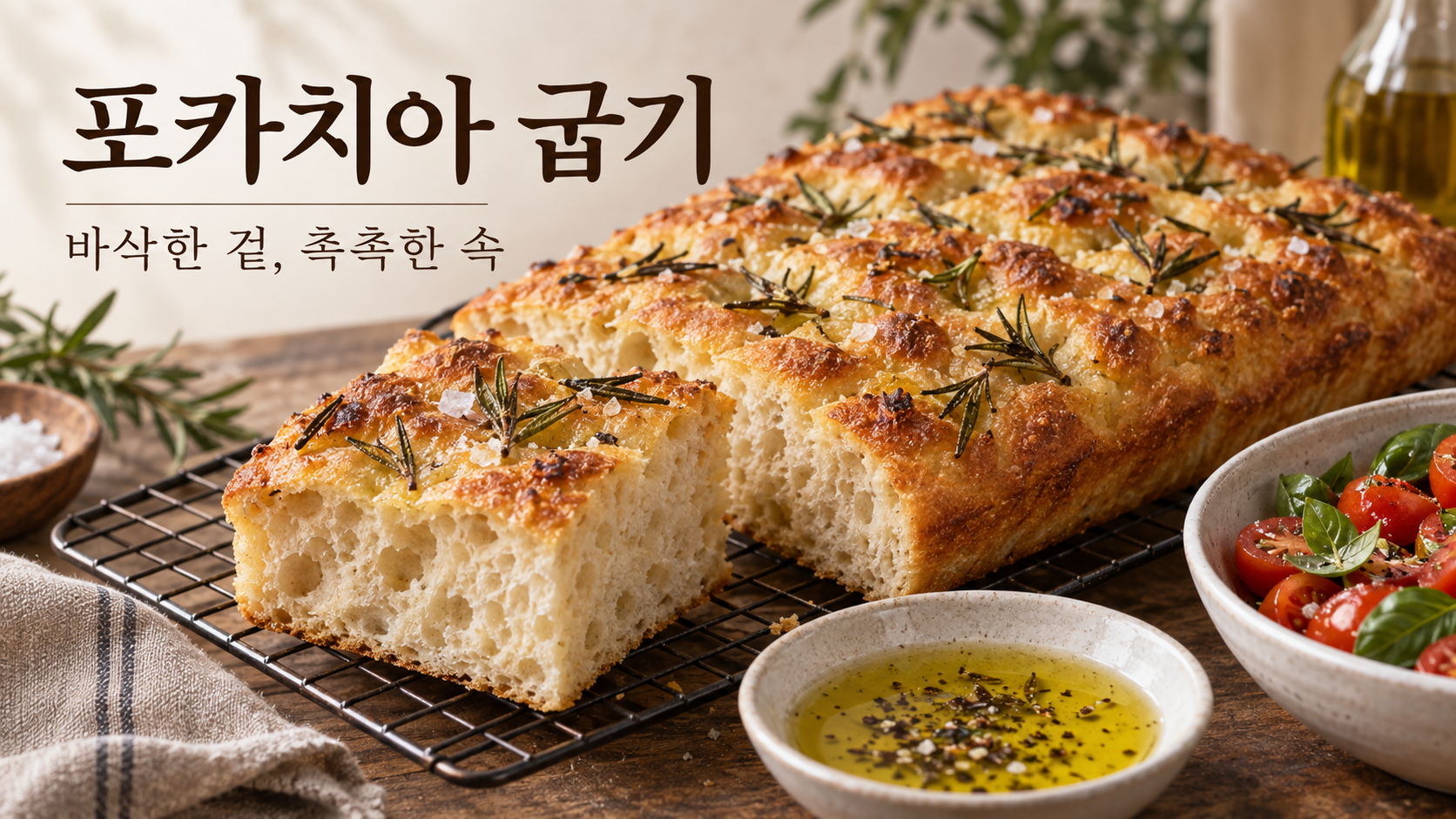 잘라 낸 포카치아의 기공과 올리브오일을 보여 주는 정보카드