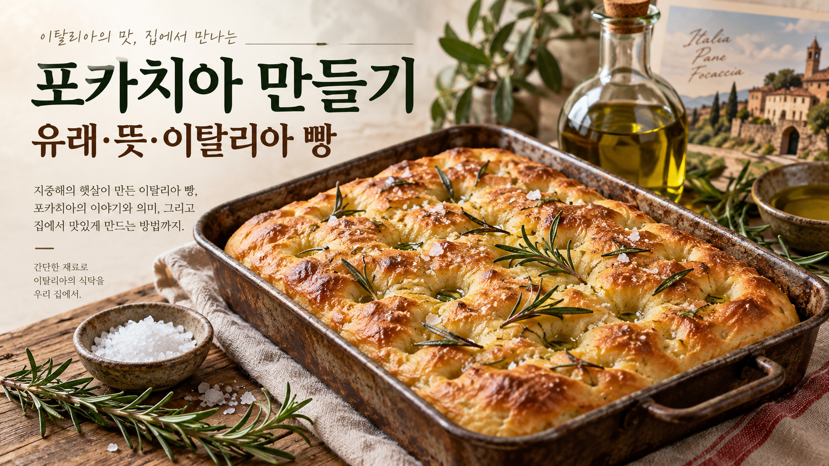 이탈리아 빵 포카치아와 올리브오일, 로즈마리를 보여 주는 정보카드