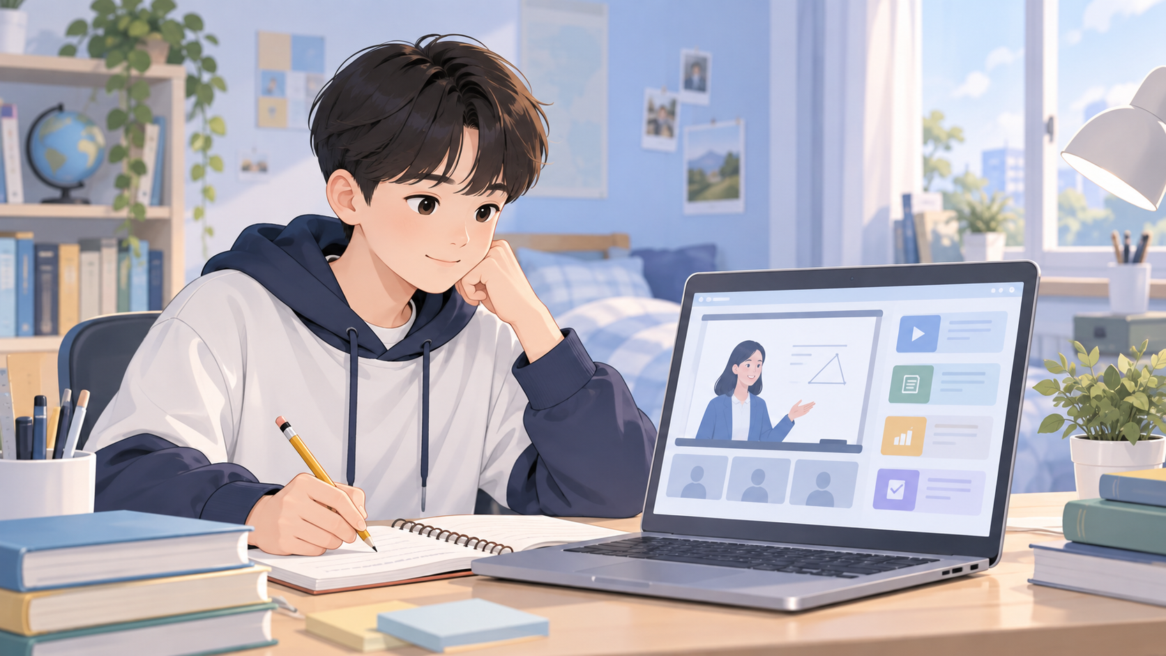 온라인 수업을 보며 공책에 풀이를 정리하는 중학생