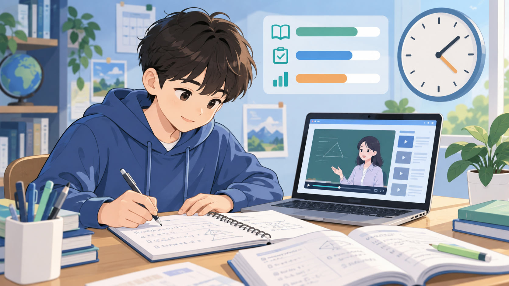 온라인 수업을 복습하며 문제를 푸는 중학생