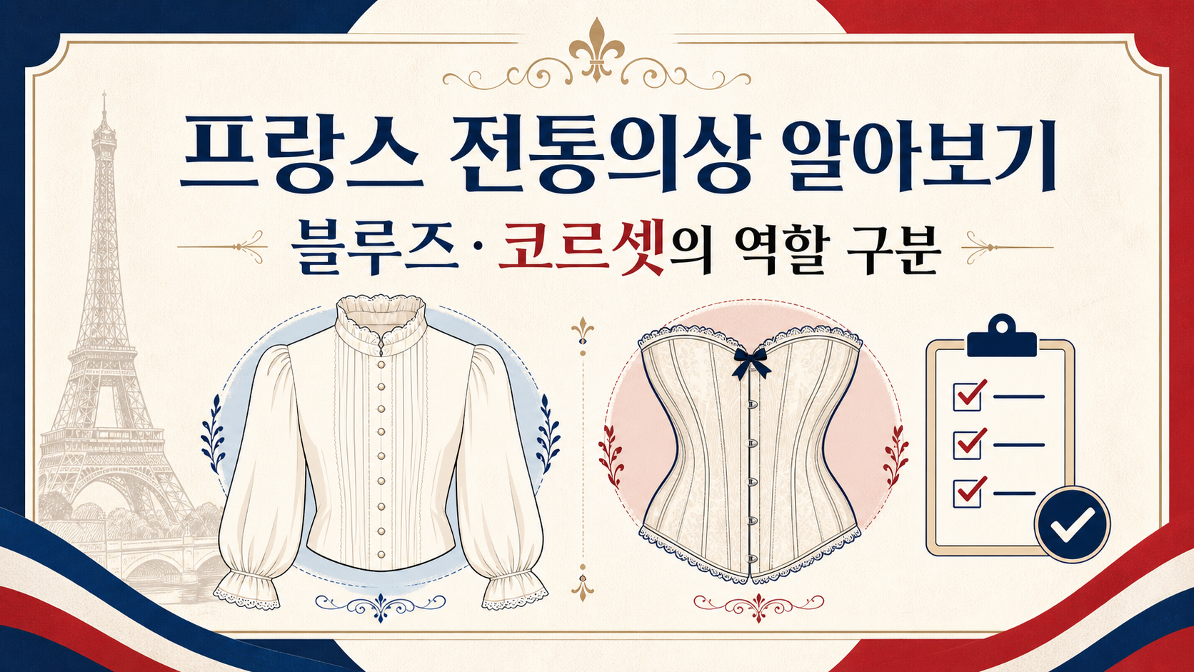 프랑스 전통의상에서 블루즈와 코르셋의 역할을 구분한 정보 카드