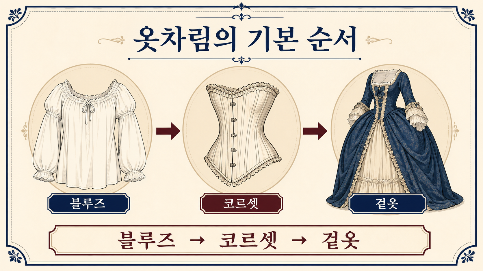 블루즈와 코르셋, 겉옷의 기본 착용 순서를 보여 주는 정보 카드