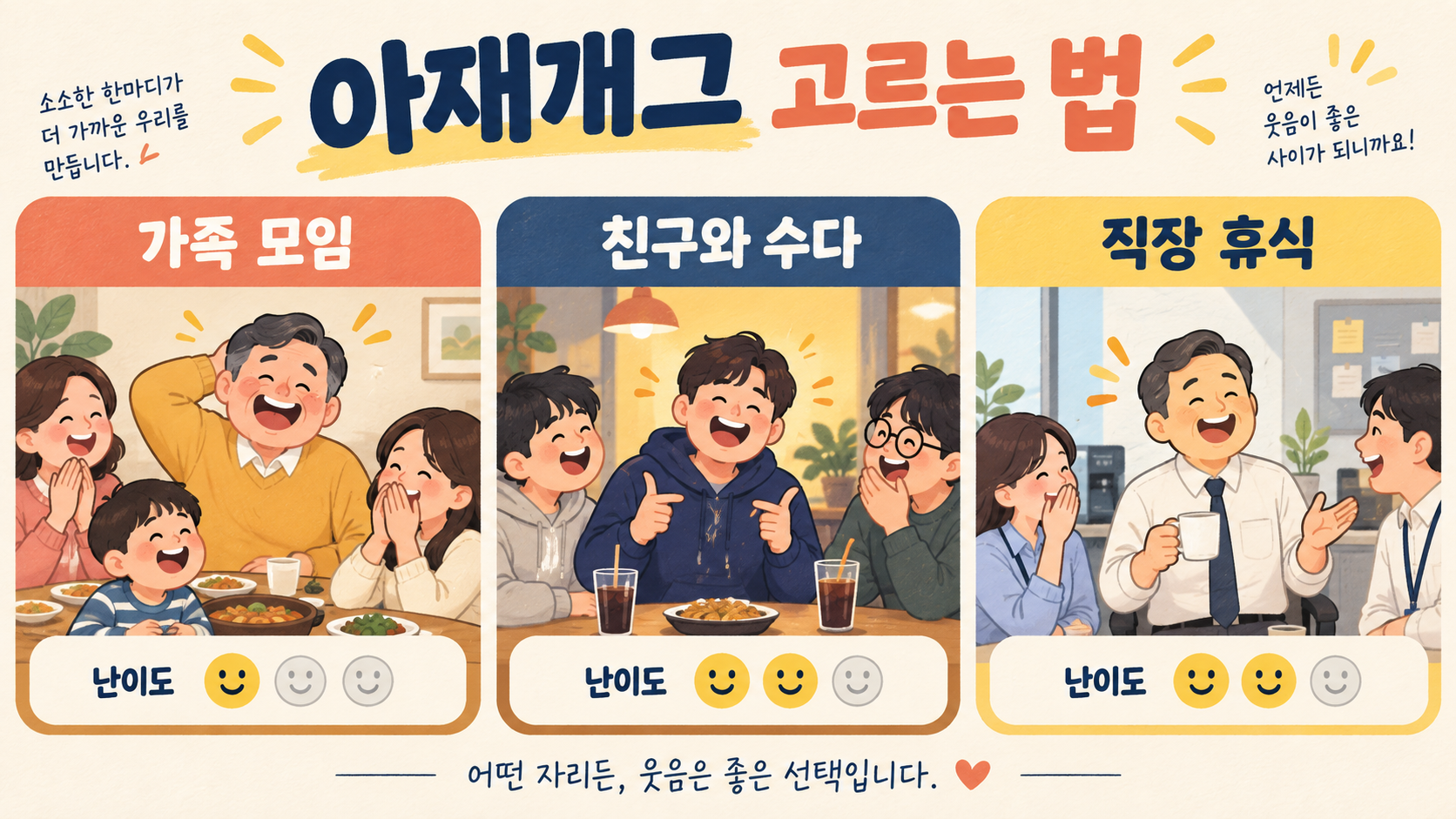 가족 모임과 친구 수다와 직장 휴식에 맞는 아재개그 선택 정보카드