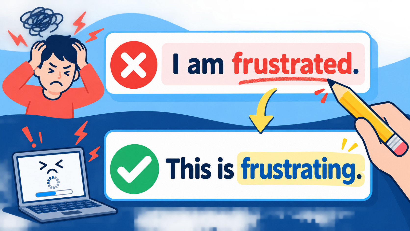 frustrated와 frustrating 예문을 비교한 정보카드