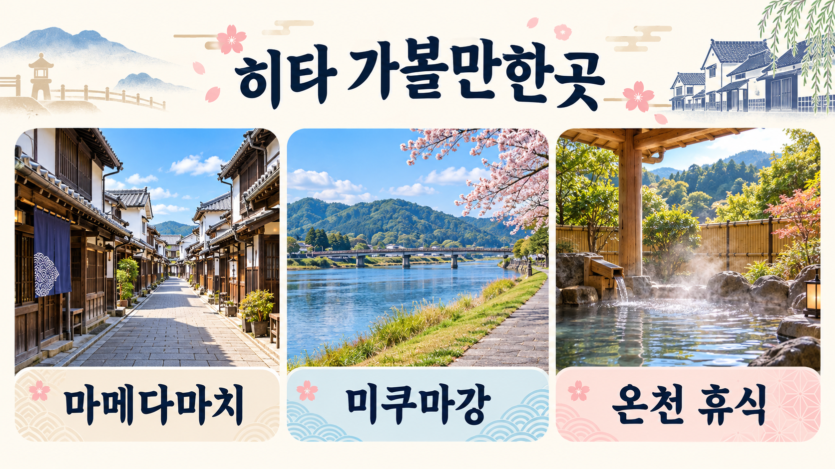 히타 마메다마치, 미쿠마강, 온천 휴식을 소개하는 한국형 여행 정보 카드