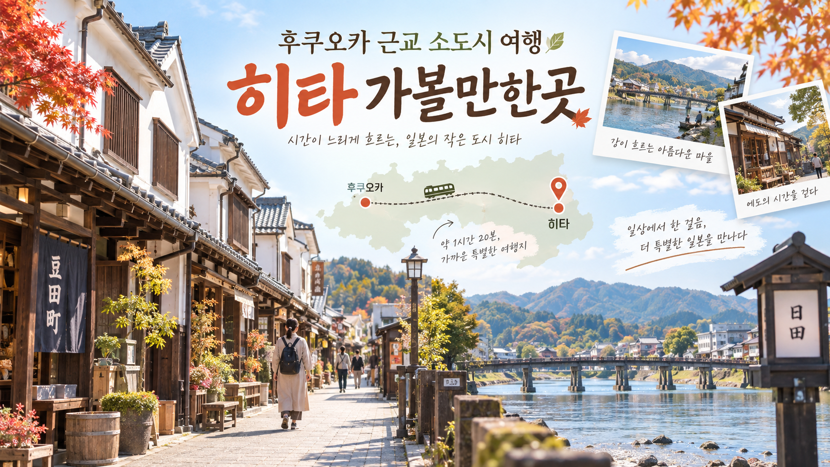 후쿠오카 근교 히타의 전통 거리와 강변을 담은 여행 정보 카드