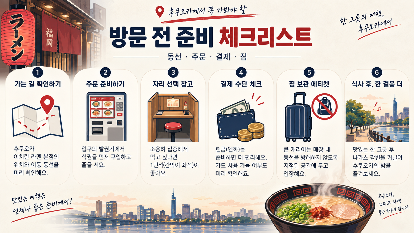후쿠오카 라멘 본점 방문 전 준비 체크리스트 정보카드