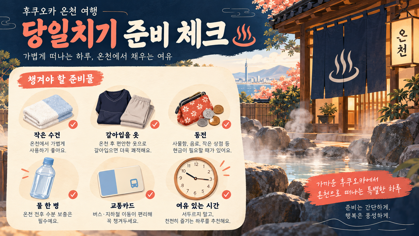 후쿠오카 온천 당일치기 준비물 정보카드