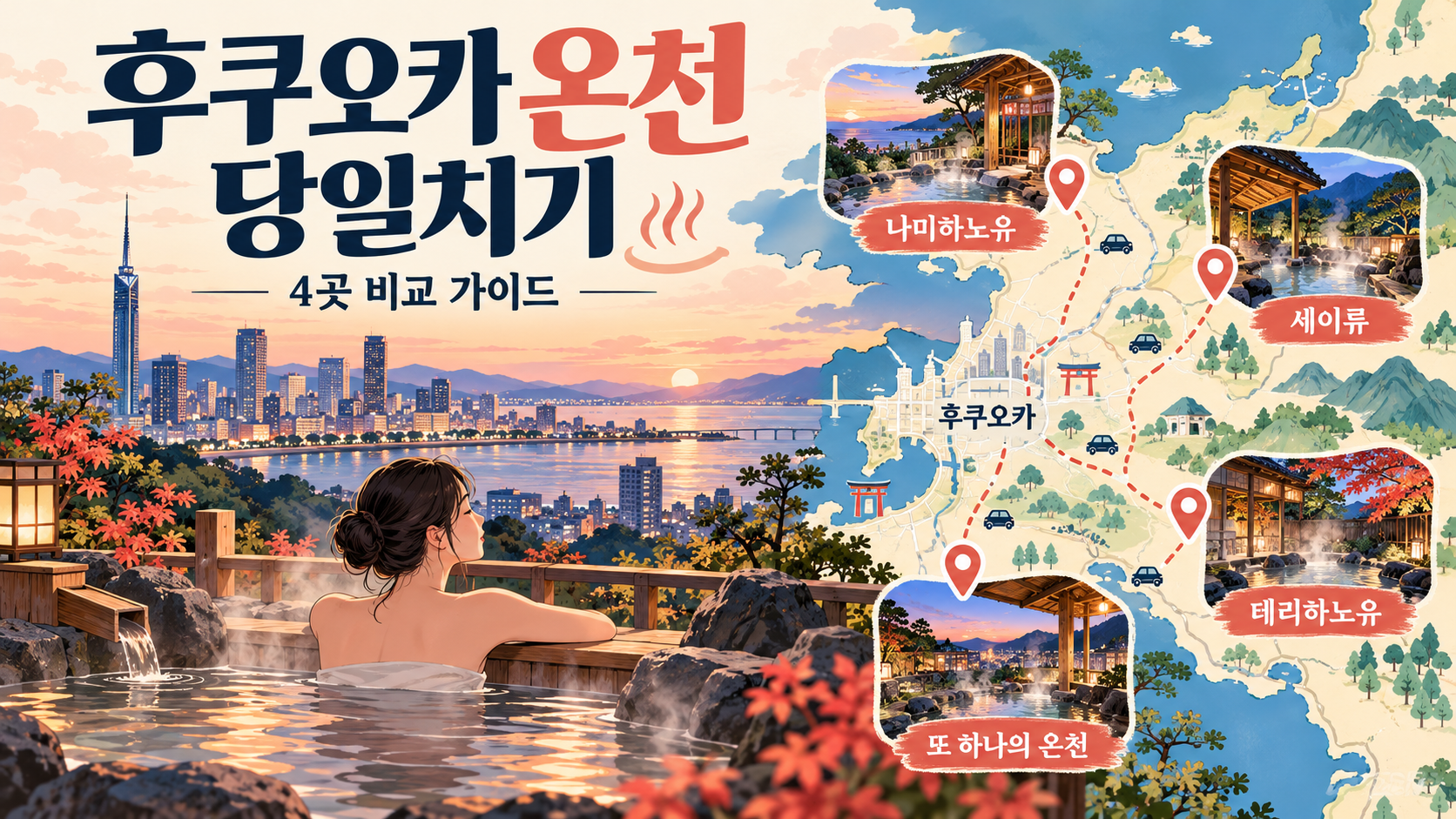 후쿠오카 온천 당일치기 4곳 추천 나미하노유 세이류 테리하 정보카드
