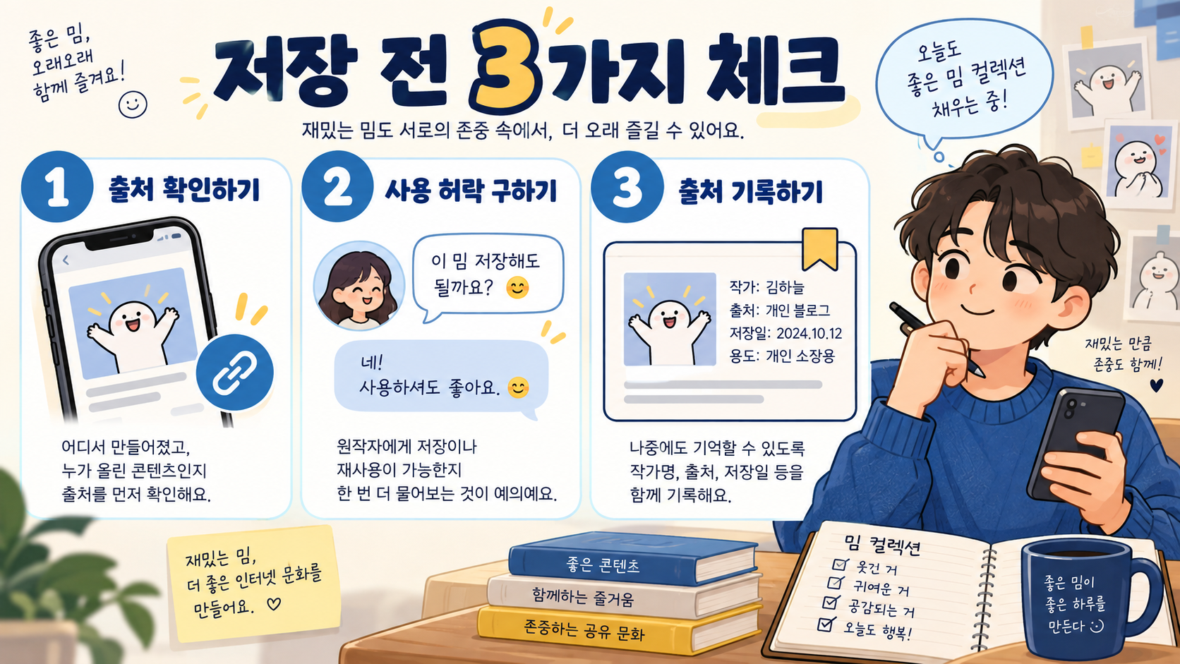 짤 저장 전 세 가지 점검 항목을 안내하는 정보카드