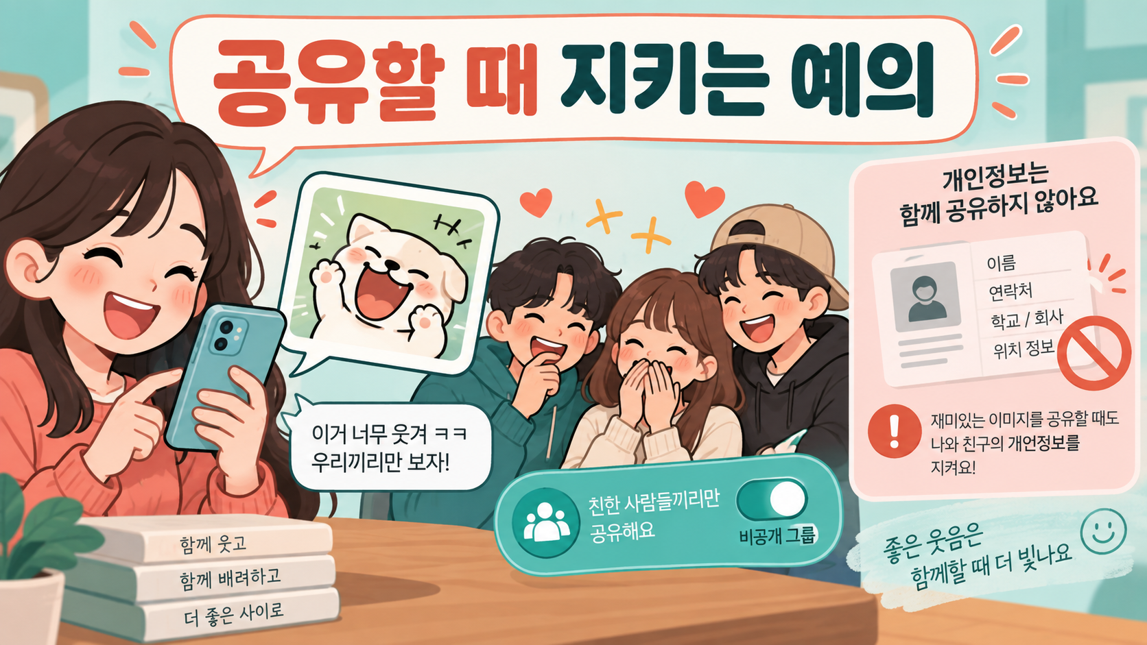 짤 공유 예절과 개인정보 보호를 안내하는 정보카드