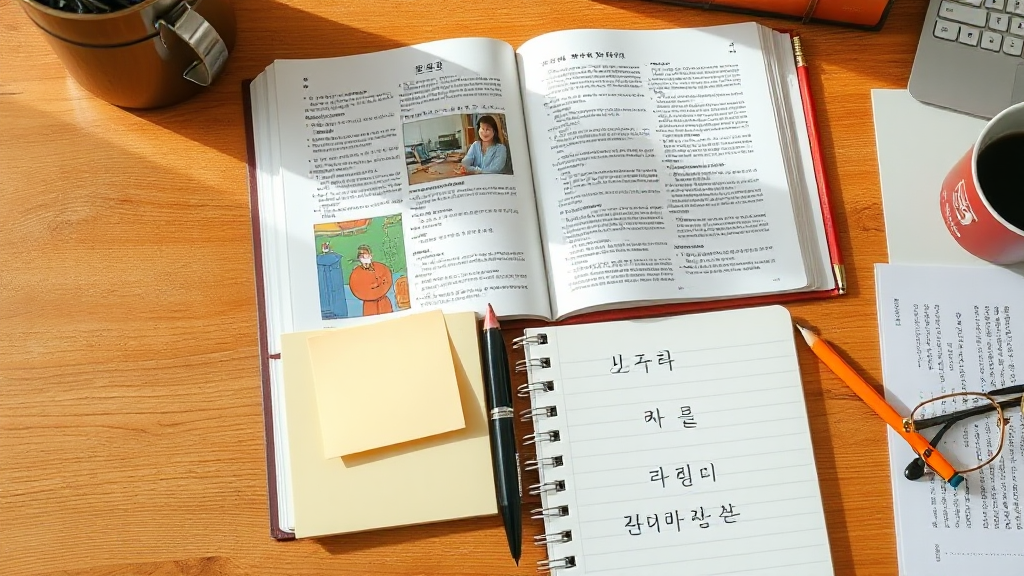 사전과 노트로 맞춤법을 공부하는 장면