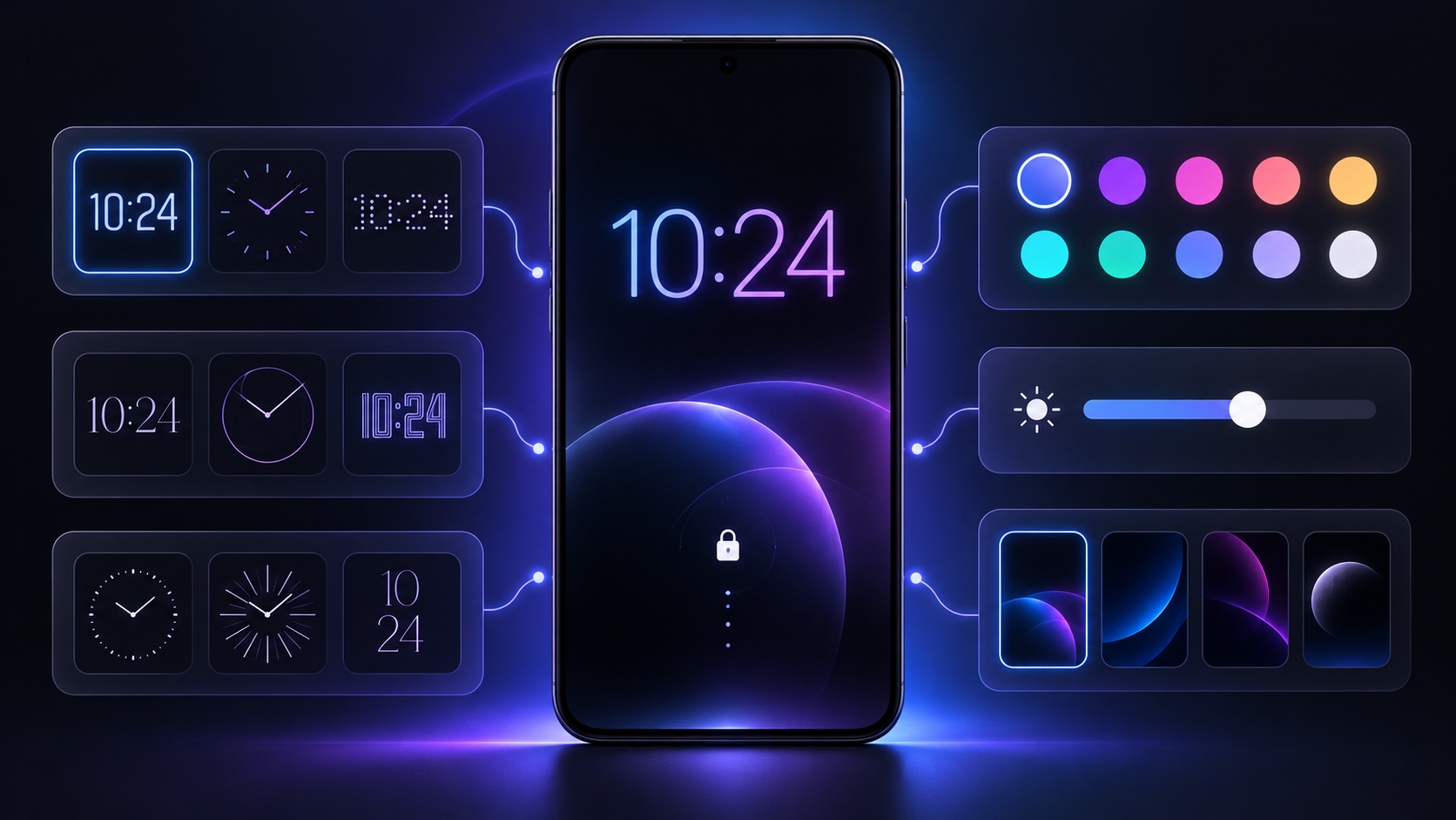 꺼진 화면 시계의 스타일 색상 밝기 선택을 보여 주는 정보카드