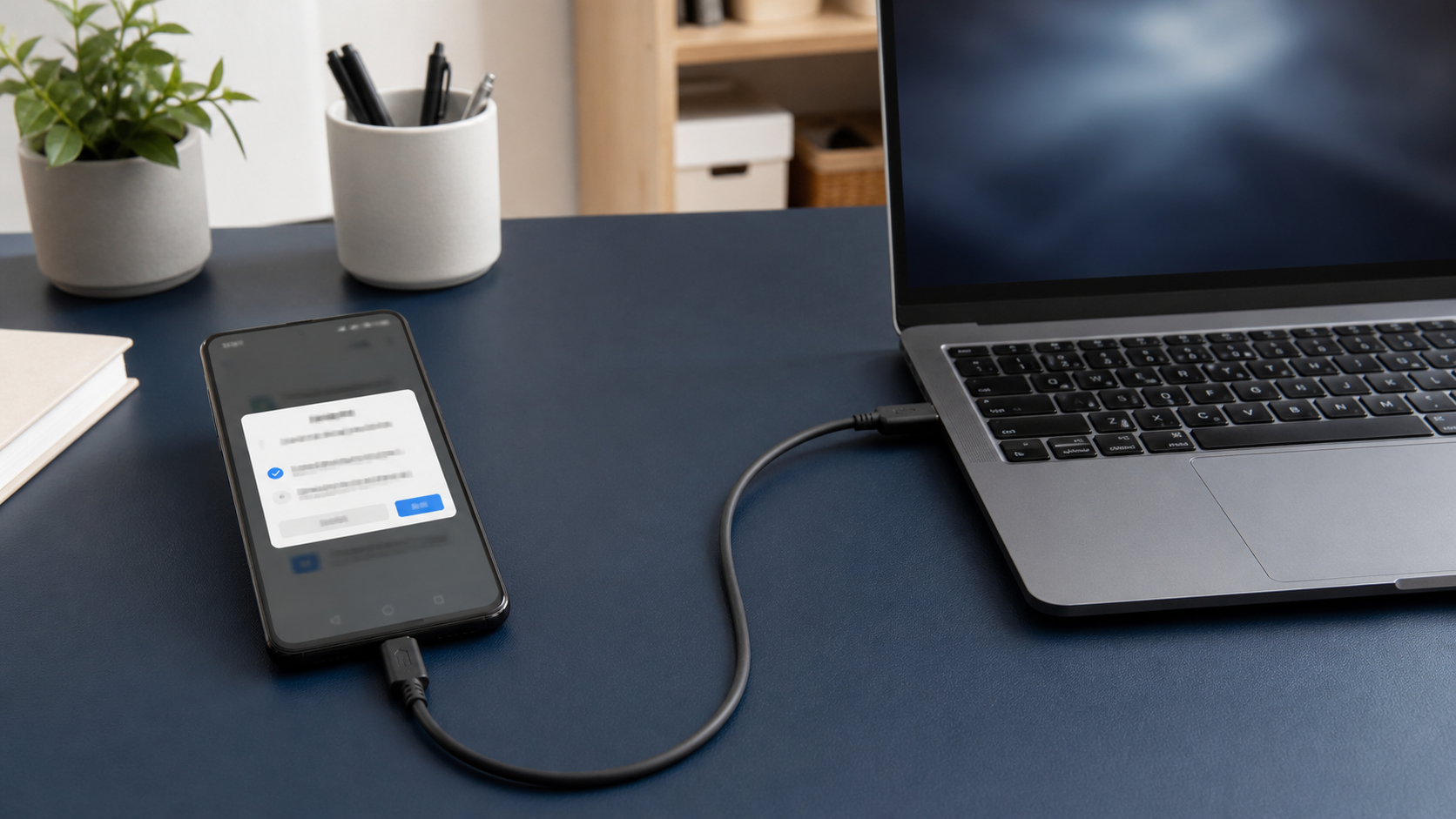 노트북과 갤럭시 스마트폰을 데이터 USB 케이블로 연결해 ADB 승인 화면을 확인하는 안내 이미지