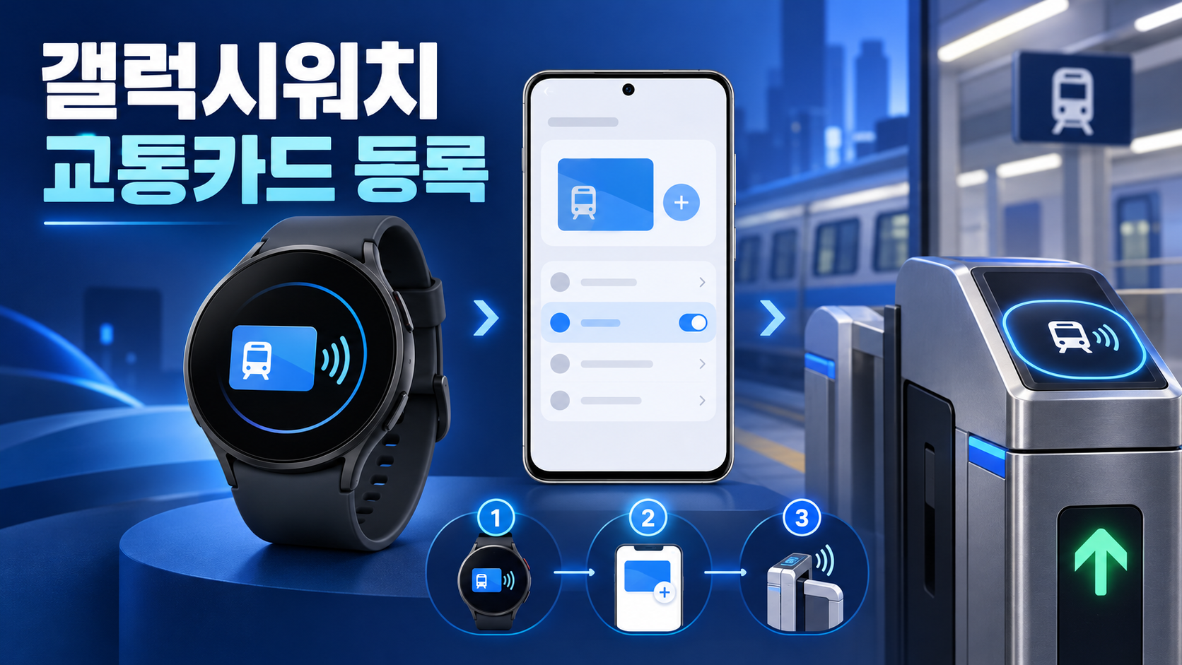 갤럭시워치 교통카드 등록 흐름을 보여 주는 한국형 정보카드