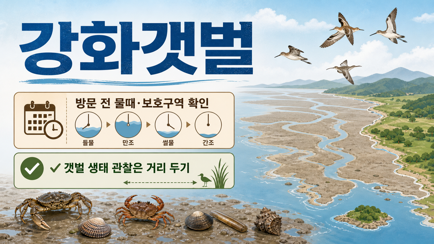 강화갯벌 방문 전 물때와 보호구역 확인을 안내하는 정보 카드