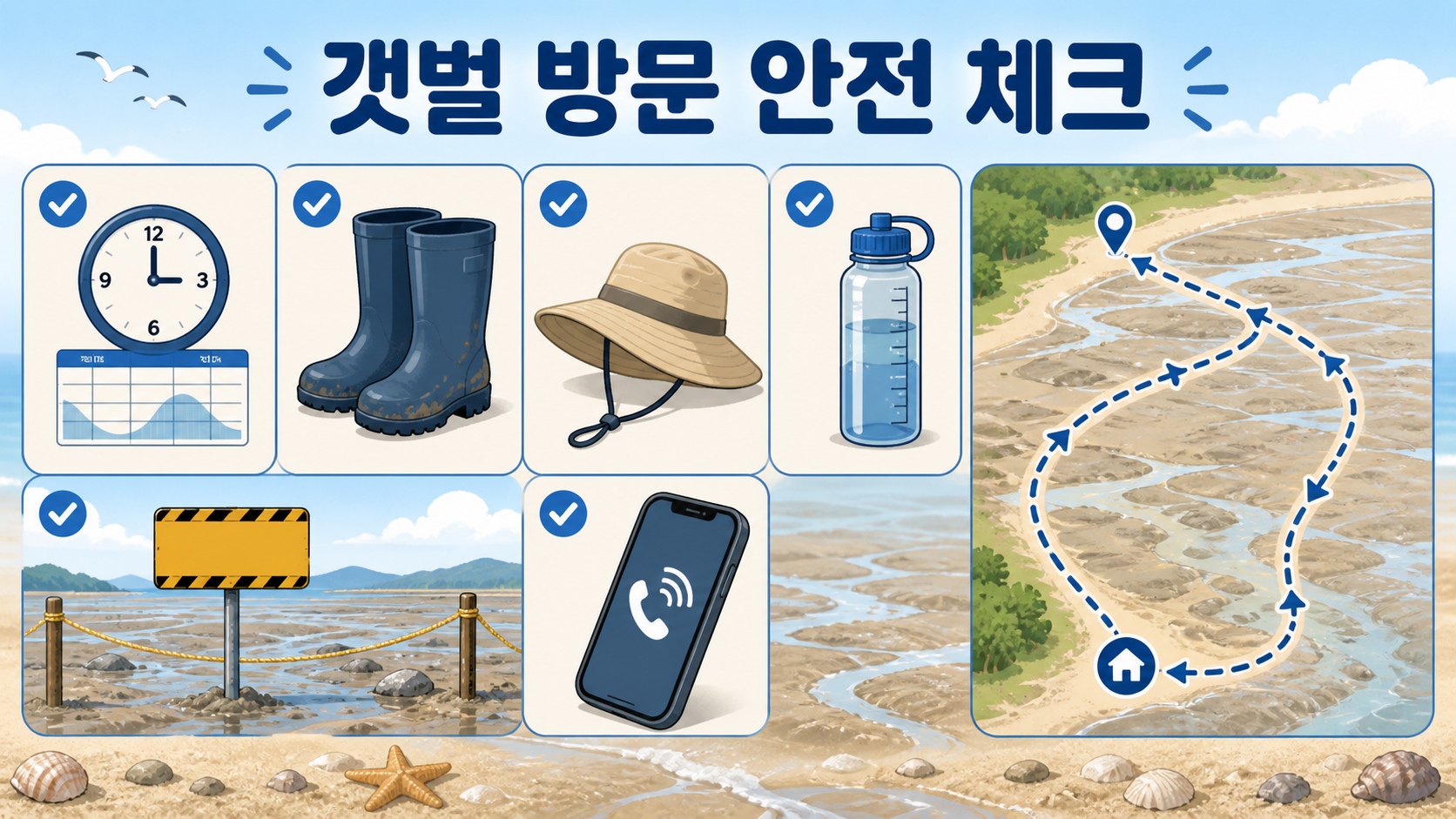 강화갯벌 방문 전 확인할 안전 체크 항목 안내 그림