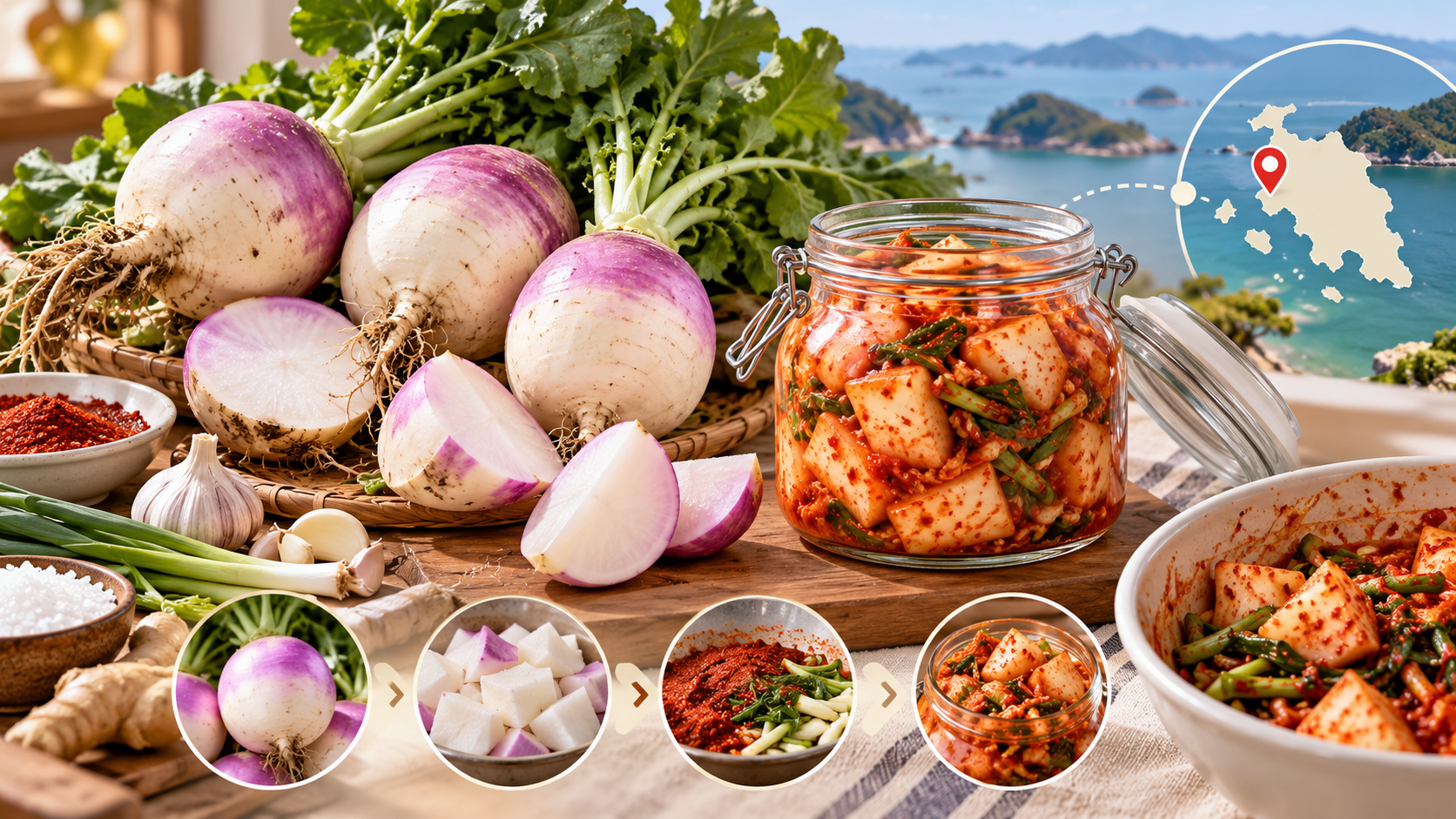 강화 순무와 완성한 순무김치 항아리를 보여 주는 정보카드