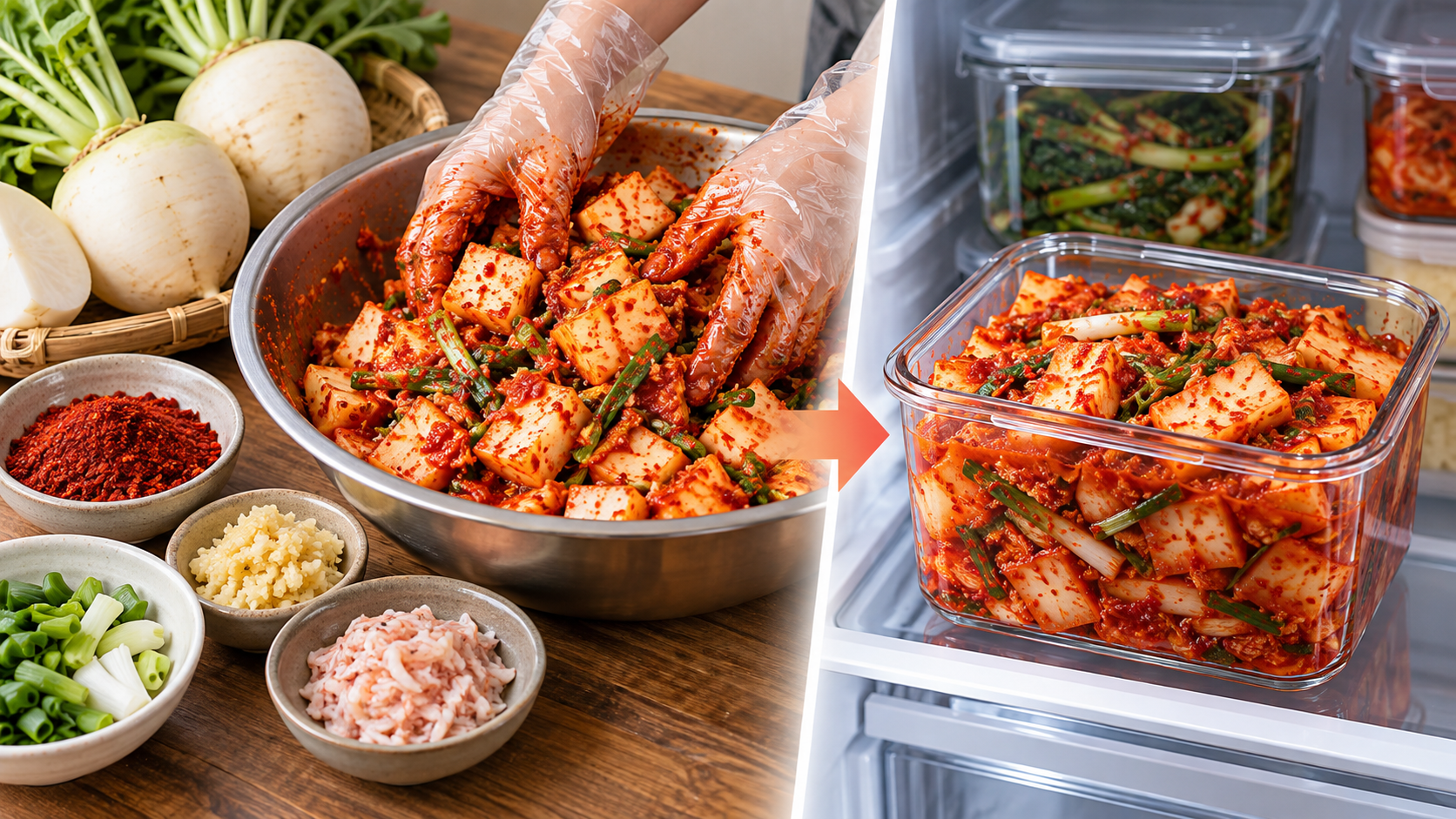 순무에 양념을 버무려 용기에 담아 냉장 보관하는 정보카드
